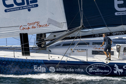 France, Vendee, Les Sables d'Olonne, skipper Manuel Cousin training on his 60-foot monohull sailboat IMOCA Coup de Pouce