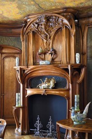 France, Meurthe-et-Moselle, Nancy, Ecole de Nancy Museum, the Art Nouveau dining room of Masson (1903-1906), furniture and woodwork by Eugène Vallin, leather panels and ceiling by Victor Prouvé