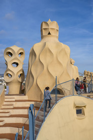 Spain, Catalonia, Barcelona, Eixample district, Passeig de Gracia, Pedrera or Casa Mila (1905-1910) by the Catalan modernist architect Antoni Gaudi, UNESCO World Heritage site, chimneys and ventilation towers on the roof terrace of the building