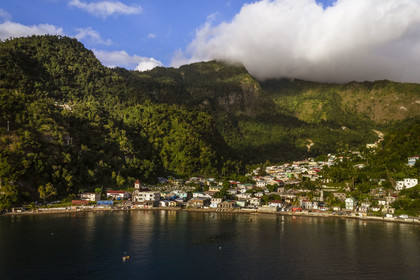 Caribbean, Dominica Island, Soufriere Bay, the beach and the village of Soufriere (aerial view)