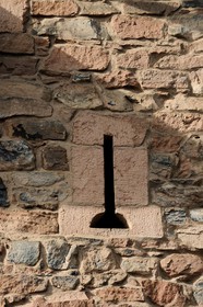 France, Bas Rhin, Orschwiller, Alsace Wine Road, Haut Koenigsbourg Castle, exterior facade of the Bastion, embrasure