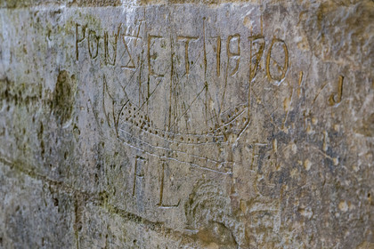 France, Charente Maritime, Saintonge, Marennes Hiers Brouage, Brouage citadel, labelled Les Plus Beaux Villages de France (The Most Beautiful Villages of France), 17th century graffiti of ships, linked to the salt trade, under the Royal Gate and engraved by the soldiers who observed them on the maritime quays