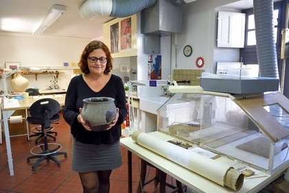 France, Calvados, Caen, the ducal castle of William the Conqueror, restoration laboratory, the restorer Lucie Voracek