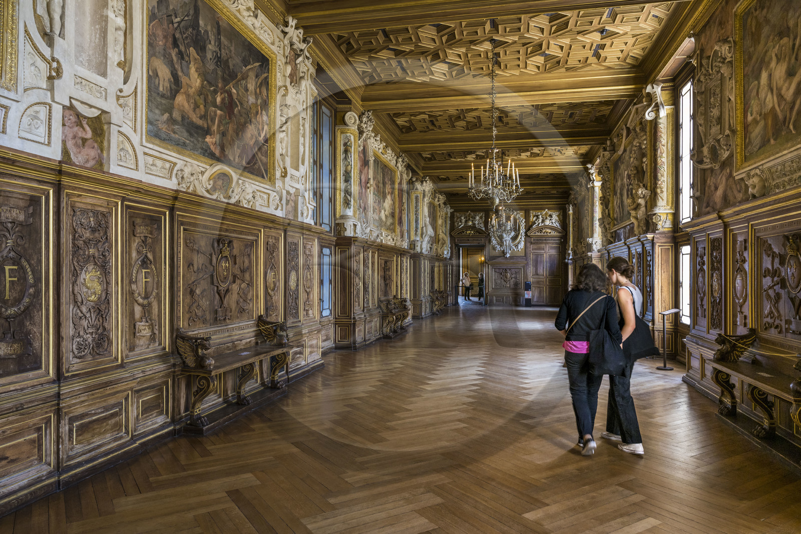France, Seine-et-Marne, Fontainebleau, castle of Fontainebleau listed as World Heritage by UNESCO, the Francois 1er Gallery built between 1528 and 1530, decorated with paintings, paneling, frescoes and stuccos, carved walnut woodwork and a coffered ceiling