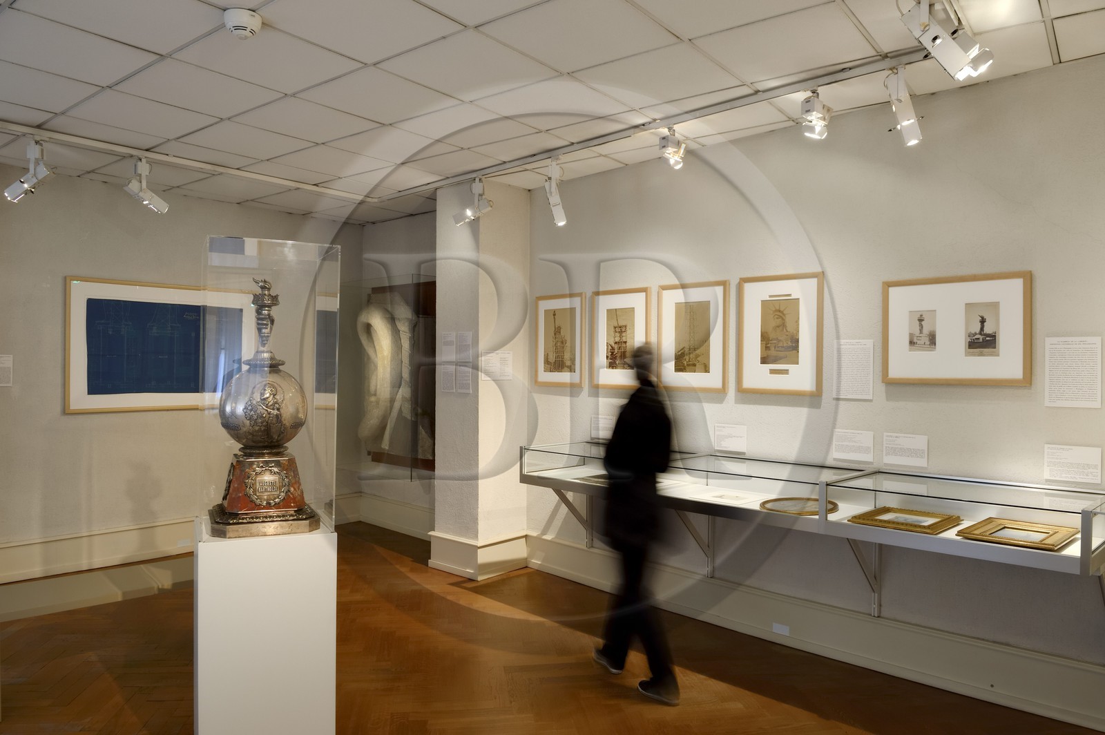 France, Haut Rhin, Colmar, Museum and birth house of Bartholdi, Hall of American works, the Tiffany Trophy and the original plaster of the Statue of Liberty ear in the background