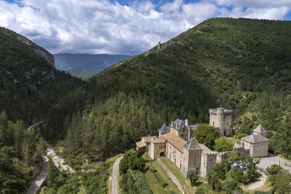France, Drome, regional natural park of Baronnies provencales, Aulan, castle (12th century rebuilt 19th century), the Aulan gorges alongside the Toulourenc river (aerial view)