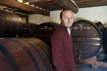 France, Calvados (14), Pays d'Auge, Saint-Cyr du Ronceray, Jean-Roger Groult producteur du Calvados Roger Groult AOC Pays d’Auge depuis cinq générations, tonneaux dans les chais de vieillissement