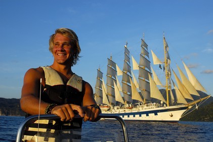 Caribbean sea, St Lucia island, Jacob in charge of the sports at the five masted ship Royal Clipper