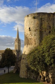 France, Calvados, Caen, the ducal castle of William the Conqueror, the so-called Queen Mathilde tower and the bell tower of the St. Peter (Saint-Pierre) church in the background