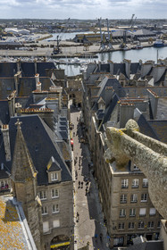 France, Ille et Vilaine, Cote d'Emeraude (Emerald Coast), Saint-Malo intramural, view of the city from the top of the cathedral bell tower, the Grand' Porte and the ramparts at the end of the Grand rue, the Vauban basin in the commercial port in the background