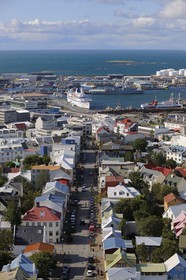 Iceland, Reykjavik, the Skolavordustigur street in the old town which leads to the port
