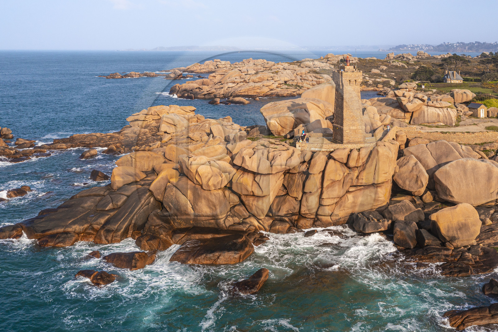 France, Cotes-d'Armor, Cote de Granit Rose, Perros-Guirec, Ploumanac'h, Pointe de Skewell (Squéouel), the Mean Ruz lighthouse on the Douaniers trail also GR 34 long-distance trail (aerial view)