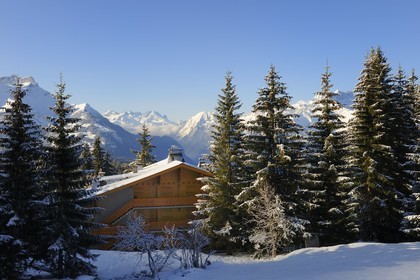 Switzerland, Canton of Vaud, Villars sur Ollon, chalet in the snow