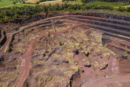 France, Puy de Dome, Parc Naturel Régional des Volcans d'Auvergne (regional nature park of Auvergne volcanoes), Chaine des Puys listed as World heritage by UNESCO, Saint Ours les Roches, Lemptegy volcano, a former pozzolan quarry that has become an educational site open to the public (aerial view)