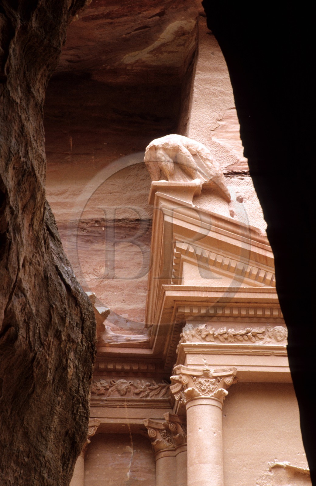 Jordanie, Petra, détail du Khazneh (le trésor) à la sortie du Sîq