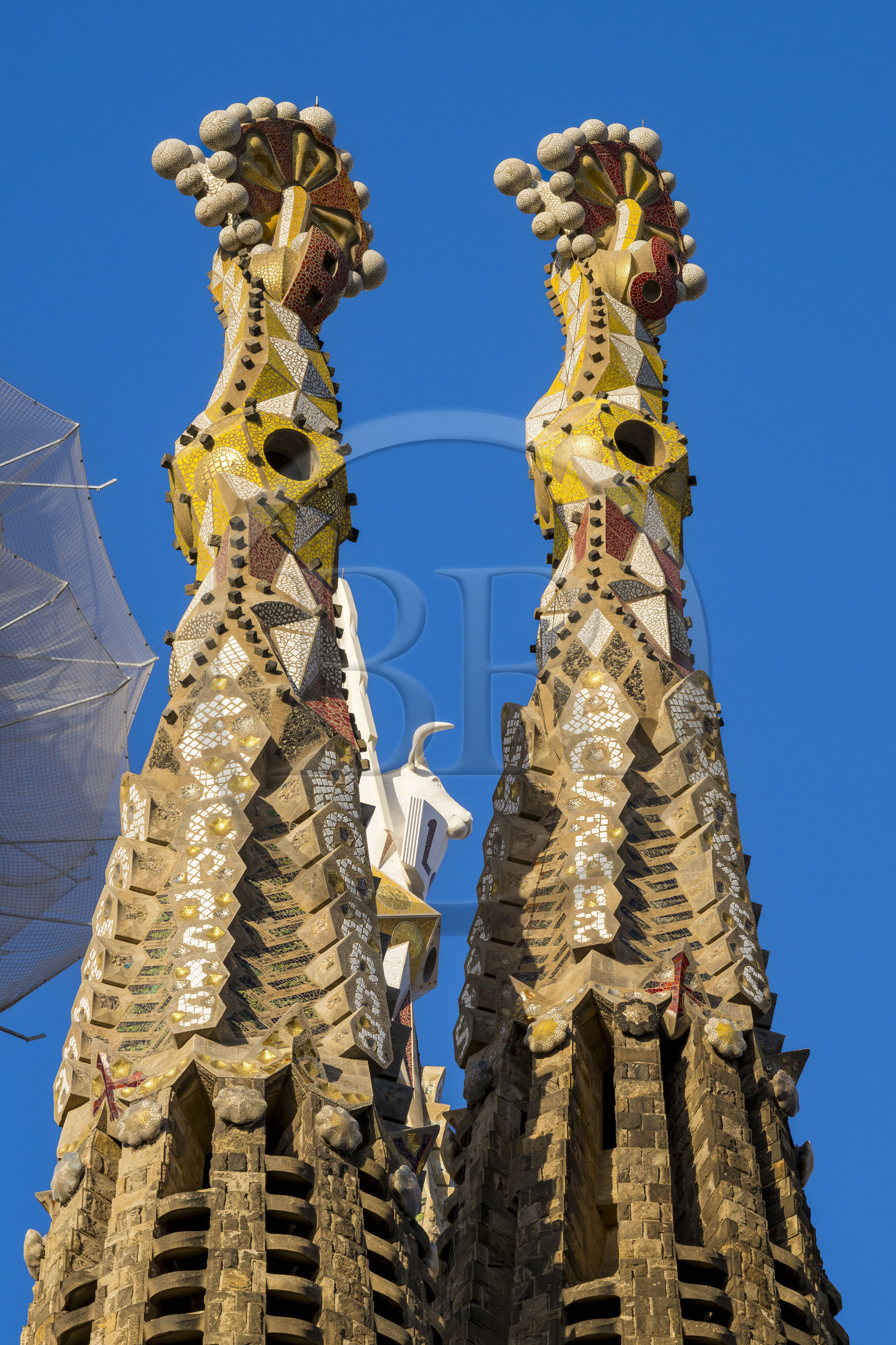Espagne, Catalogne, Barcelone, quartier de l'Eixample, basilique de la Sagrada Familia de l'architecte du modernisme catalan Antoni Gaudi classée Patrimoine Mondial de l'UNESCO,  pinacle en mosaïque vénitienne des Tours des apotres et un des quatre campaniles de 135 mètres entourant le ciborium central dont le pinacle est couronné par le taureau ailé symbole de Saint Luc Espagne, Catalogne, Barcelone, quartier de l'Eixample, basilique de la Sagrada Familia de l'architecte du modernisme catalan Antoni Gaudi classée Patrimoine Mondial de l'UNESCO,  pinacle en mosaïque vénitienne des Tours des apotres et un des quatre campaniles de 135 mètres entourant le ciborium central dont le pinacle est couronné par le taureau ailé symbole de Saint Luc
