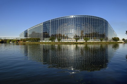France, Bas Rhin, Strasbourg, European district, the European Parliament along the Ill river and the Marne-Rhine canal