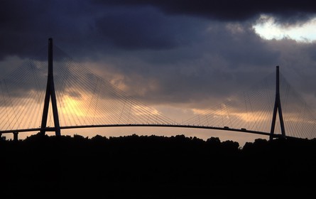 France, Calvados, Bridge of Normandy (Pont de Normandie) at dusk