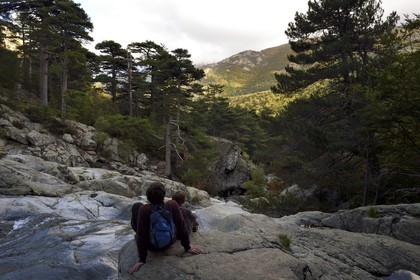 France, Haute Corse, Vivario, hiking on the GR 20, between Onda refuge and Vizzavona, Vizzavona forest, Englishmen cascades, waterfalls group in the Agnone valley