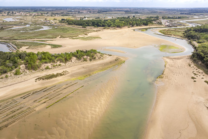 France, Vendée (85), Talmont Saint Hilaire, la Pointe du Payré, the mouth of the Payré river and the oyster farming village port  of La Guittière in the background