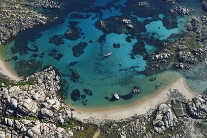 France, Corse du Sud, Bonifacio, Lavezzi Islands Nature Reserve and the Acciarino cemetery hosting the graves of the Semillante shipwrecked men (aerial view)