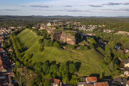 France, Moselle, Parc regional des Vosges du nord (Northern Vosges Regional Natural Park), Bitche, the citadel fortified by Vauban (aerial view)