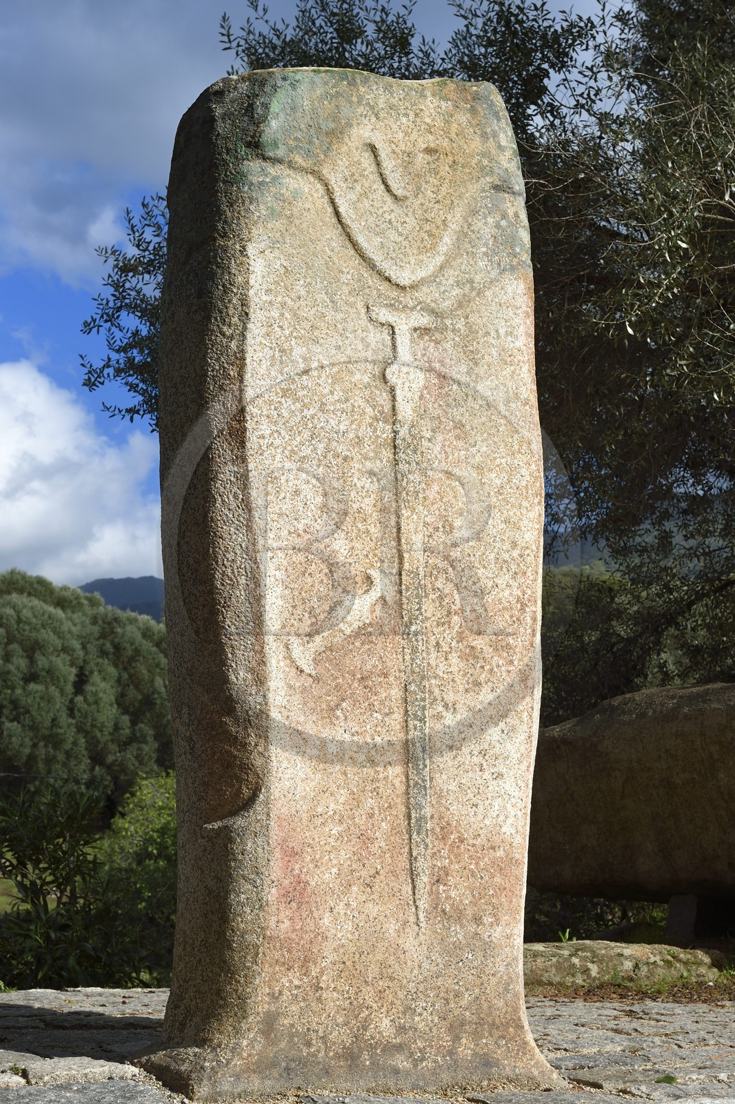 France, Corse du Sud, prehistoric site of Filitosa, menhir statue called Filitosa V representing armed characters