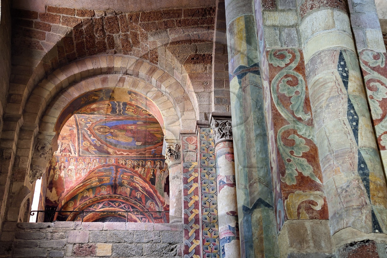 France, Haute Loire, Brioude, the Basilica of Saint-Julien de Brioude in Auvergne Romanesque style, 13th century frescoes in the Saint Michel chapel in the south gallery of the front nave, Christ in glory is surrounded by the four evangelists, angels and saints
