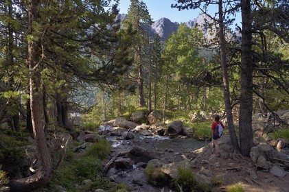 France, Hautes Pyrenees, Saint Lary Soulan and Aragnouet, Neouvielle National Nature Reserve, Neouvielle lakes hike, hikers climbing to the Lacs des Laquettes