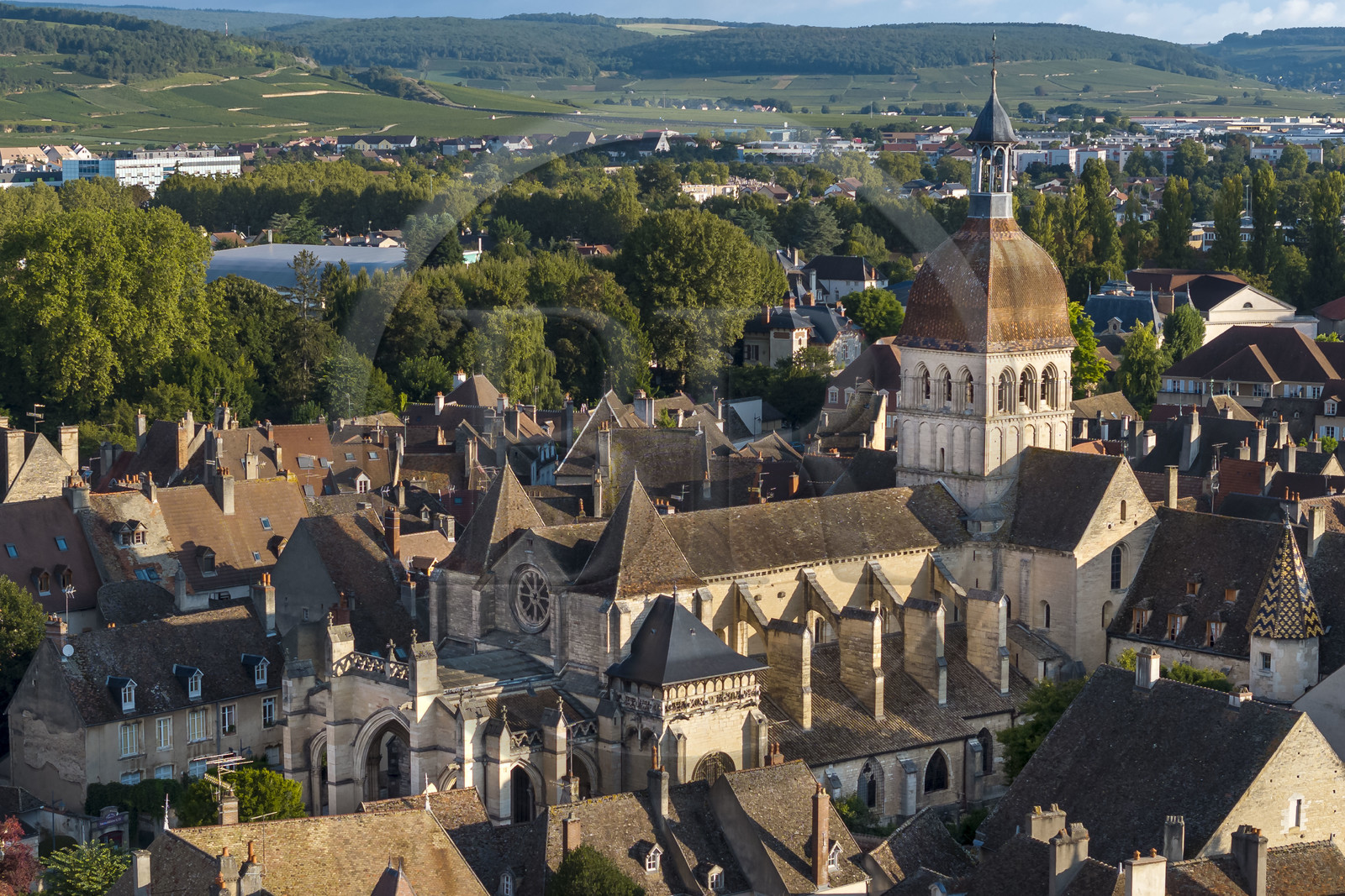 France, Côte-d'Or (21), les climats de Bourgogne classés Patrimoine Mondial de l'UNESCO, Beaune, la basilique collégiale Notre-Dame de Beaune et la Côte de Beaune en arrière plan (vue aérienne)