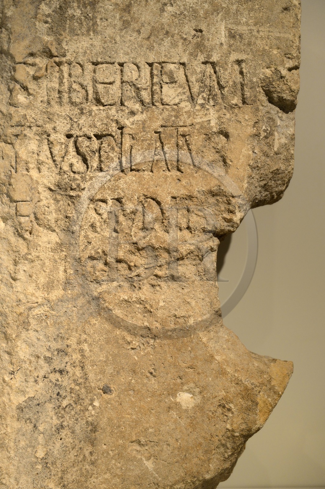 Israel, Jérusalem, quartier de Guivat Ram, musée d'Israel, departement d'archéologie, Seule inscription de son temps mentionnant Ponce Pilate, ... construction en l'honneur de Tibère ... Ponce Pilate ... procurateur de Judée, découvert dans le théâtre romain de Césarée
