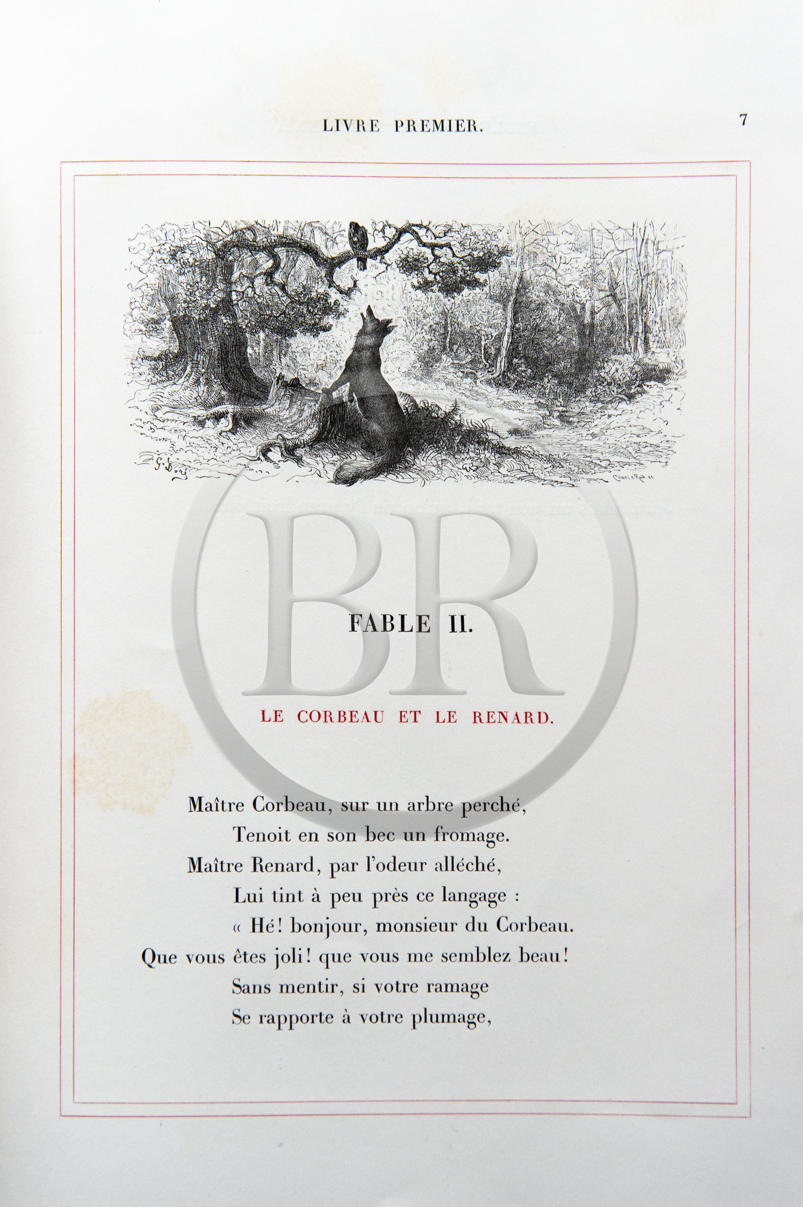 France, Aisne (02), Château-Thierry, Musée Jean de La Fontaine - Ville de Chateau-Thierry, livre des Fables de La Fontaine, L. Hachette et Cie, édition illustrée (1867) par le dessinateur et graveur Gustave Doré, Le Corbeau et le Renard fable II du livre I