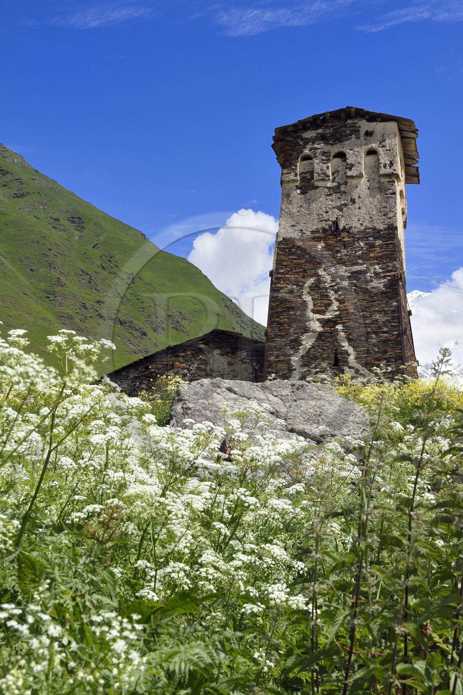 Géorgie, Haute Svanétie (Zemo Svaneti), village de Ushguli (Ouchgouli), classé Patrimoine Mondial de l'UNESCO, tour défensive Svane dressée à coté de la maison
