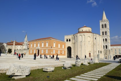Croatia, Dalmatia, Dalmatian Coast, Zadar, Roman forum, Saint Donat church and the cathedral bell tower