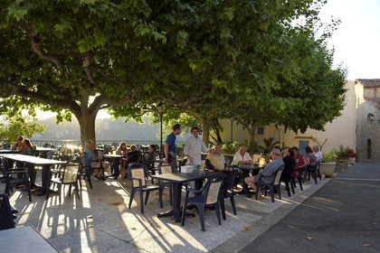 France, Var, the Dracenie, village of Chateaudouble, Cafe Terrace on the main square