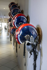 France, Bouches du Rhone, Salon de Provence, air base 701, base of the Patrouille de France (PAF for Patrouille acrobatique de France) of the French Air and Space Force, the pilots' helmets in the corridor of the Patrouille de France premises