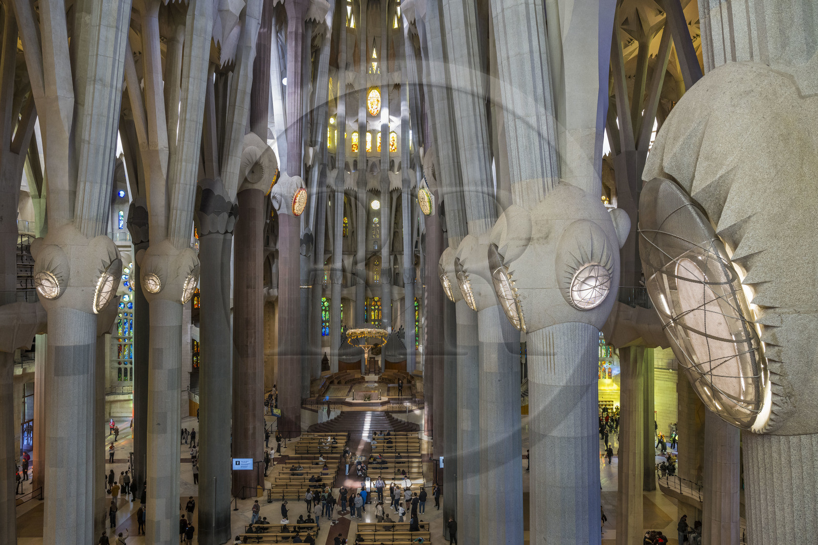 Espagne, Catalogne, Barcelone, quartier de l'Eixample, basilique de la Sagrada Familia de l'architecte du modernisme catalan Antoni Gaudi classée Patrimoine Mondial de l'UNESCO, vue de la nef depuis la facade de la Gloire