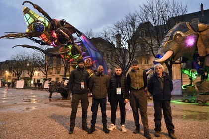 France, Meurthe-et-Moselle, Nancy, preparations for the parade of Saint-Nicolas place Carnot, 12-meter grasshopper with a colorful look from Microcosmos on the left and Elephantasia on the right from the company Planète Vapeur in the center