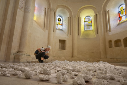 France, Charente Maritime, the former priory of Saint-Jean-l'Evangéliste de Trizay, called the abbey of Trizay, houses a contemporary art center, stained glass windows by Richard Texier