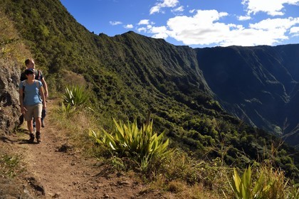 France, Ile de la Reunion, Parc National de la Réunion classé Patrimoine Mondial de l'UNESCO, La Possession, vers le village de Dos d'Ane, randonnée de la Roche Bouteille, randonneurs sur le sentier Cap Noir et le Cirque de Mafate à droite
