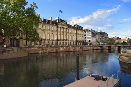 France, Bas Rhin, Strasbourg, old town listed as World Heritage by UNESCO, banks of Ill River quai des Bateliers and the Palais Rohan (Rohan Palace), a floating pontoon is put in place to get closer to the river