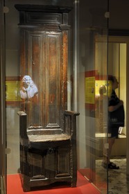 France, Herault, Pezenas, old city, hotel Saint Germain, nowadays Vulliod-Saint-Germain museum, Moliere's chair of the barber's shop Gely and the copy of Moliere's bust by Houdon