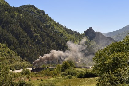 France, Alpes-de-Haute-Provence (04), cité médiévale d'Entrevaux fortifiée par Vauban, le Train des Pignes et la citadelle en arrière plan