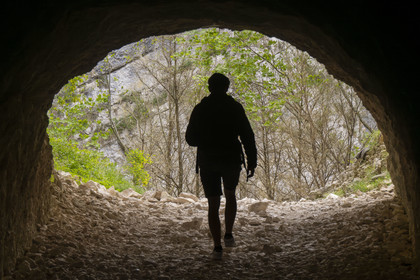 France, Alpes de Haute Provence, Parc Naturel Régional du Verdon, Rougon, Grand Canyon of Verdon, the Baou tunnel used by the Blanc-Martel trail on the GR4 along the Samson corridor