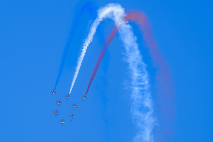 France, Bouches du Rhone, Salon de Provence, air base 701, base of the Patrouille de France (PAF for Patrouille acrobatique de France) of the French Air and Space Force, Alphajet aircraft fly in Alpha formation performing a loop