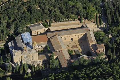 France, Aude, Fonfroide cistercian Abbey (aerial view)