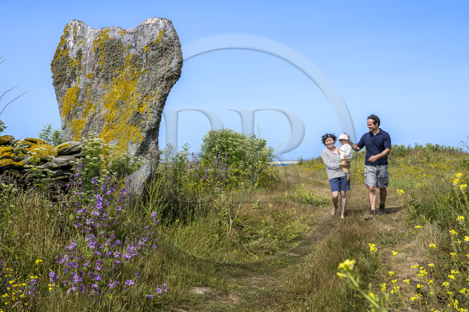 France, Finistère (29), Mer d'Iroise, archipel de Molène, Ile de Quéménès, ferme de Quéménès bio et autonome en énergie, les agriculteurs Amélie Goossens et Etienne Menguy à côté du menhir