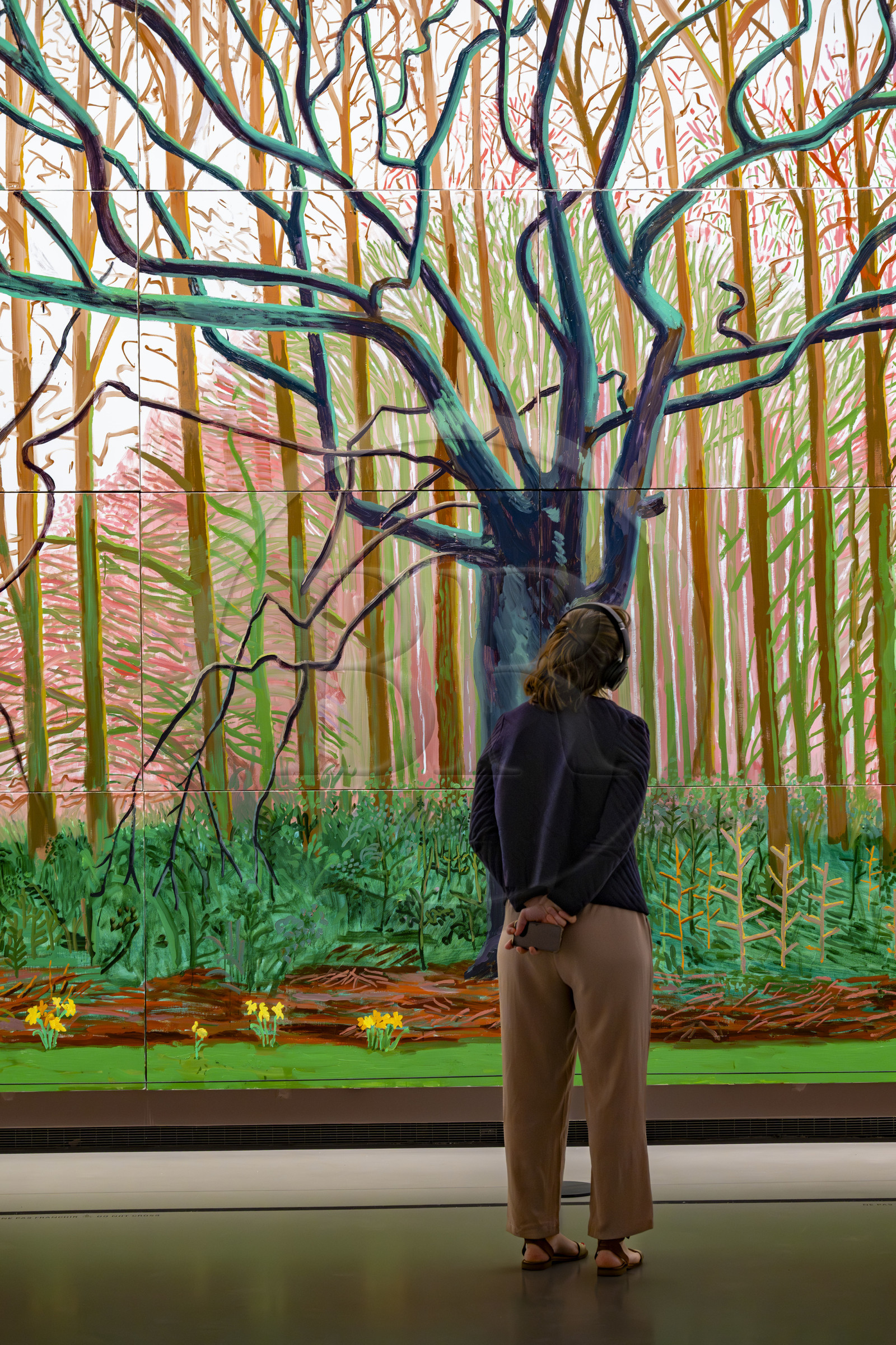 France, Paris (75), Bois de Boulogne, la fondation Louis Vuitton de l'architecte Frank Gehry, exposition David Hockney 25, Bigger Trees near Water or ou Peinture sur le Motif pour le Nouvel Age Post-Photographique (2007), huile sur 50 toiles (detail)