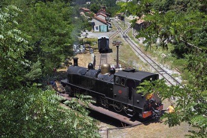 France, Alpes de Haute Provence, Annot, Train des Pignes historic train, locomotive turning maneuver on the swing bridge