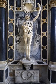 France, Meuse, Bar le Duc, the Skeleton (also called numb) statue (16th century) of the Rene de Chalon tomb by sculptor Ligier Richier in Saint Etienne Church
